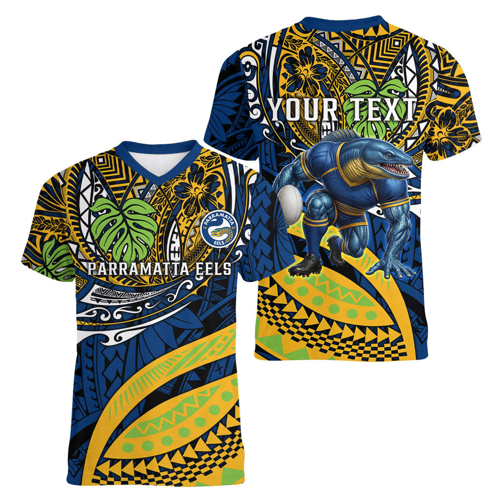 Personalised Parramatta Eels Women V-Neck T-Shirt Polynesian Tribal Art Style With Muscular Eel Mascot