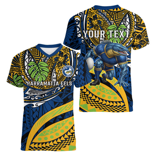 Personalised Parramatta Eels Women V-Neck T-Shirt Polynesian Tribal Art Style With Muscular Eel Mascot