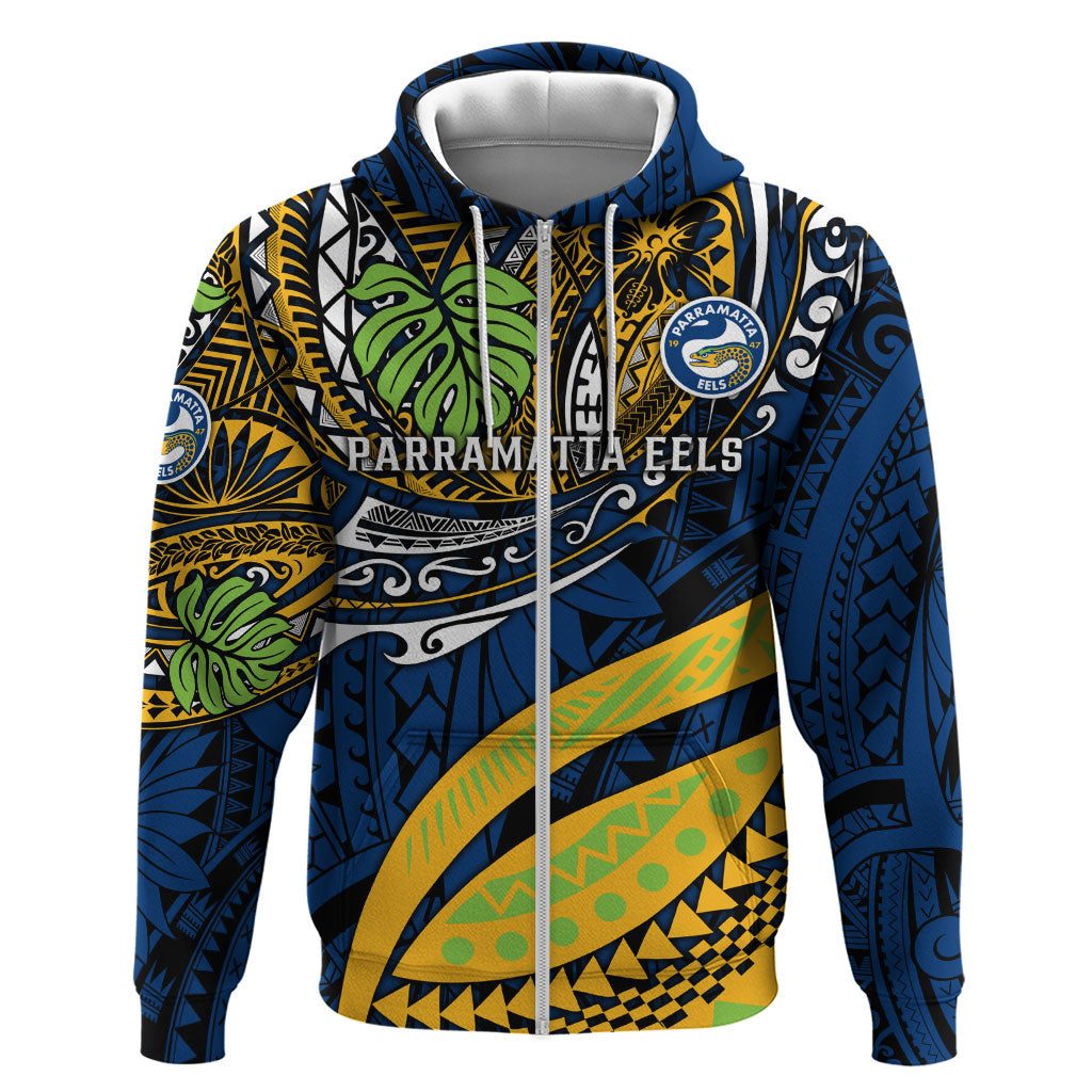 Personalised Parramatta Eels Zip Hoodie Polynesian Tribal Art Style With Muscular Eel Mascot