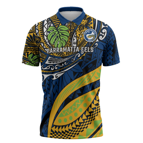 Personalised Parramatta Eels Zipper Polo Shirt Polynesian Tribal Art Style With Muscular Eel Mascot