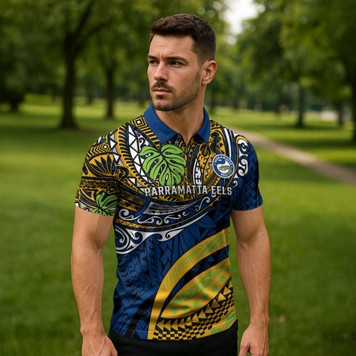 Personalised Parramatta Eels Zipper Polo Shirt Polynesian Tribal Art Style With Muscular Eel Mascot