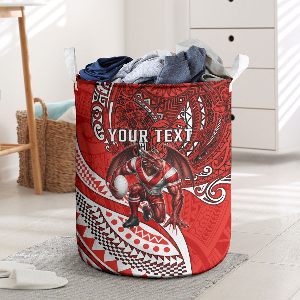 Personalised St George Illawarra Dragons Laundry Basket Polynesian Tribal Art Style With Fierce Red Dragon Mascot