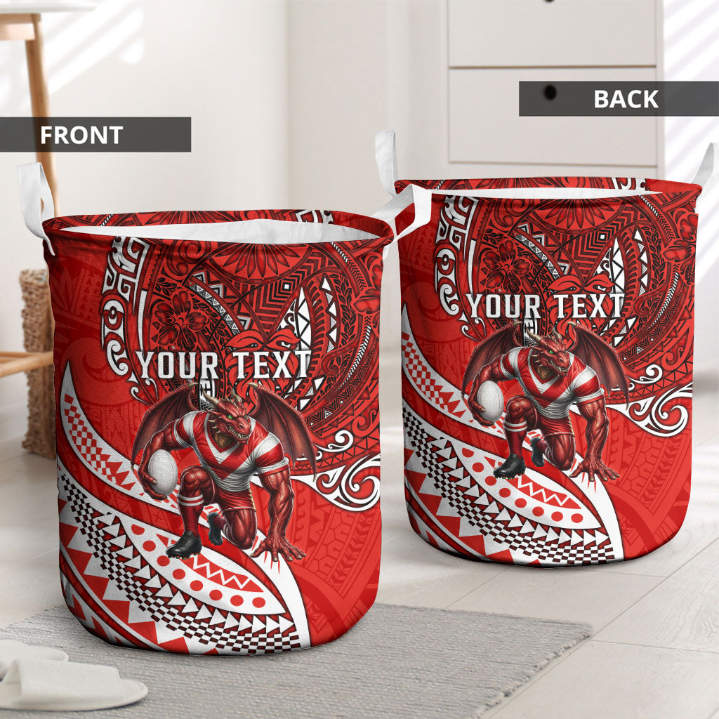 Personalised St George Illawarra Dragons Laundry Basket Polynesian Tribal Art Style With Fierce Red Dragon Mascot