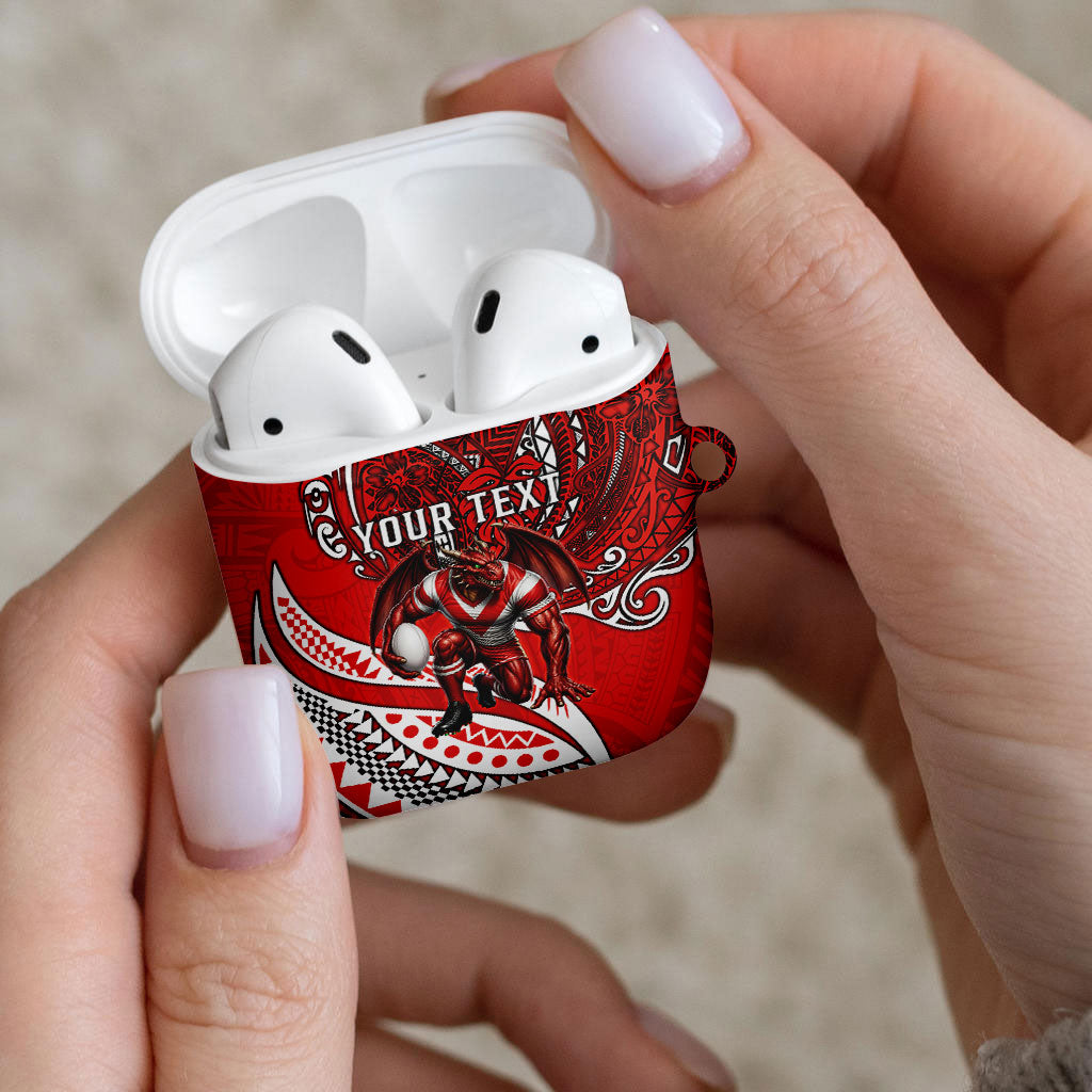 Personalised St George Illawarra Dragons AirPods Case Polynesian Tribal Art Style With Fierce Red Dragon Mascot
