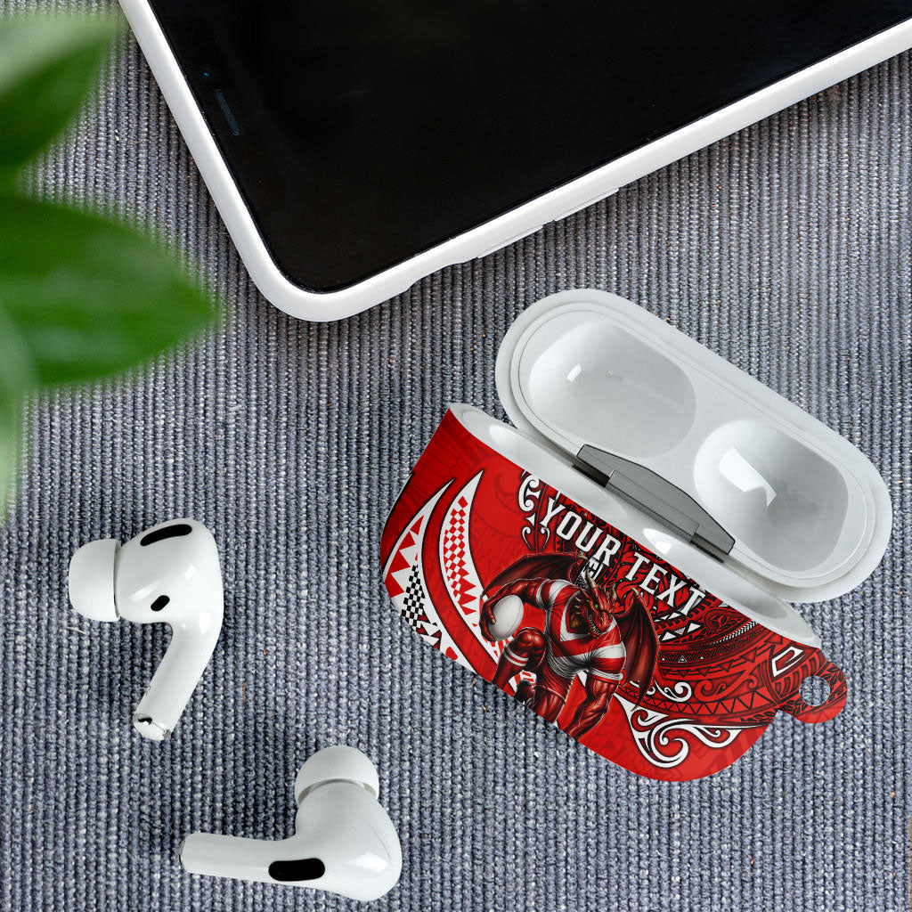 Personalised St George Illawarra Dragons AirPods Case Polynesian Tribal Art Style With Fierce Red Dragon Mascot