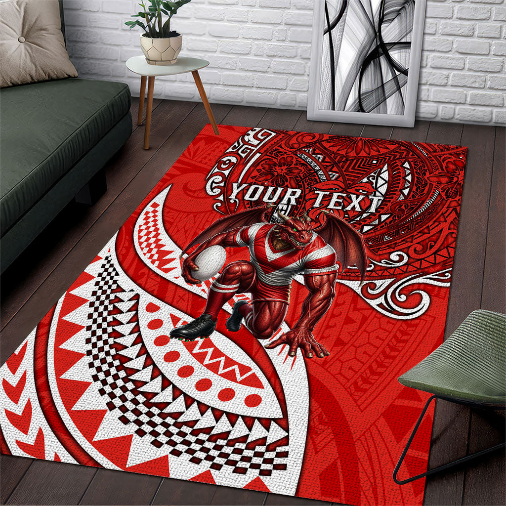 Personalised St George Illawarra Dragons Area Rug Polynesian Tribal Art Style With Fierce Red Dragon Mascot