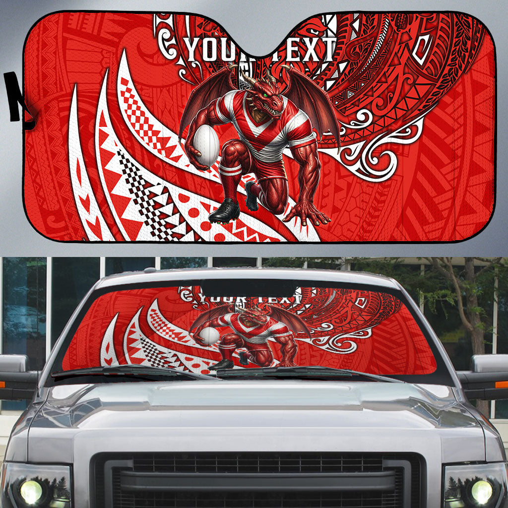 Personalised St George Illawarra Dragons Auto Sun Shade Polynesian Tribal Art Style With Fierce Red Dragon Mascot