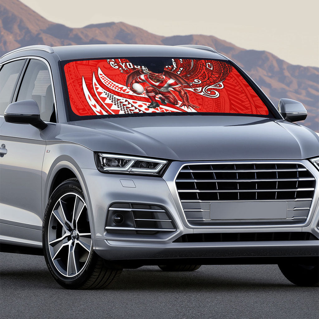 Personalised St George Illawarra Dragons Auto Sun Shade Polynesian Tribal Art Style With Fierce Red Dragon Mascot