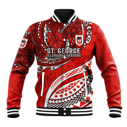 Personalised St George Illawarra Dragons Baseball Jacket Polynesian Tribal Art Style With Fierce Red Dragon Mascot