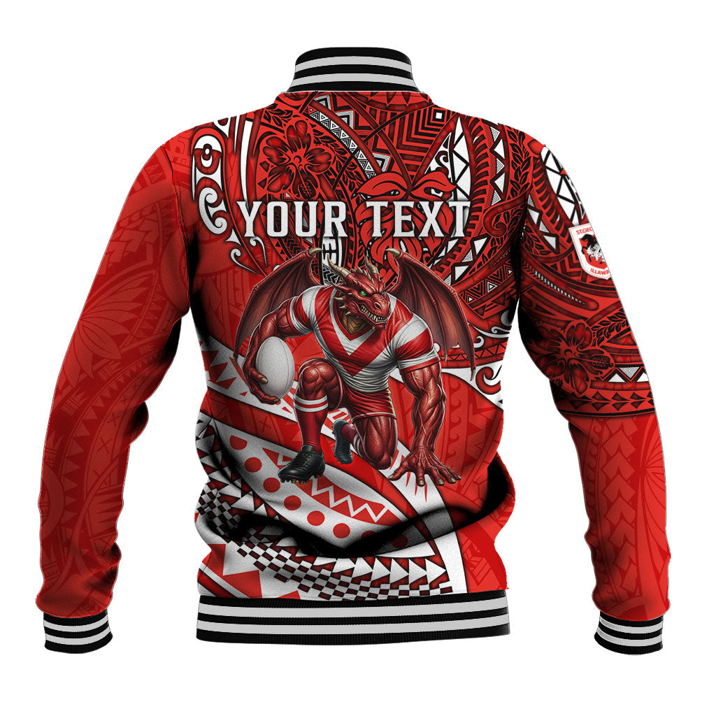 Personalised St George Illawarra Dragons Baseball Jacket Polynesian Tribal Art Style With Fierce Red Dragon Mascot