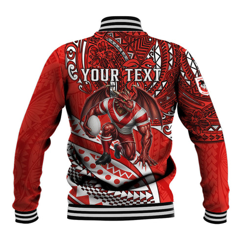 Personalised St George Illawarra Dragons Baseball Jacket Polynesian Tribal Art Style With Fierce Red Dragon Mascot