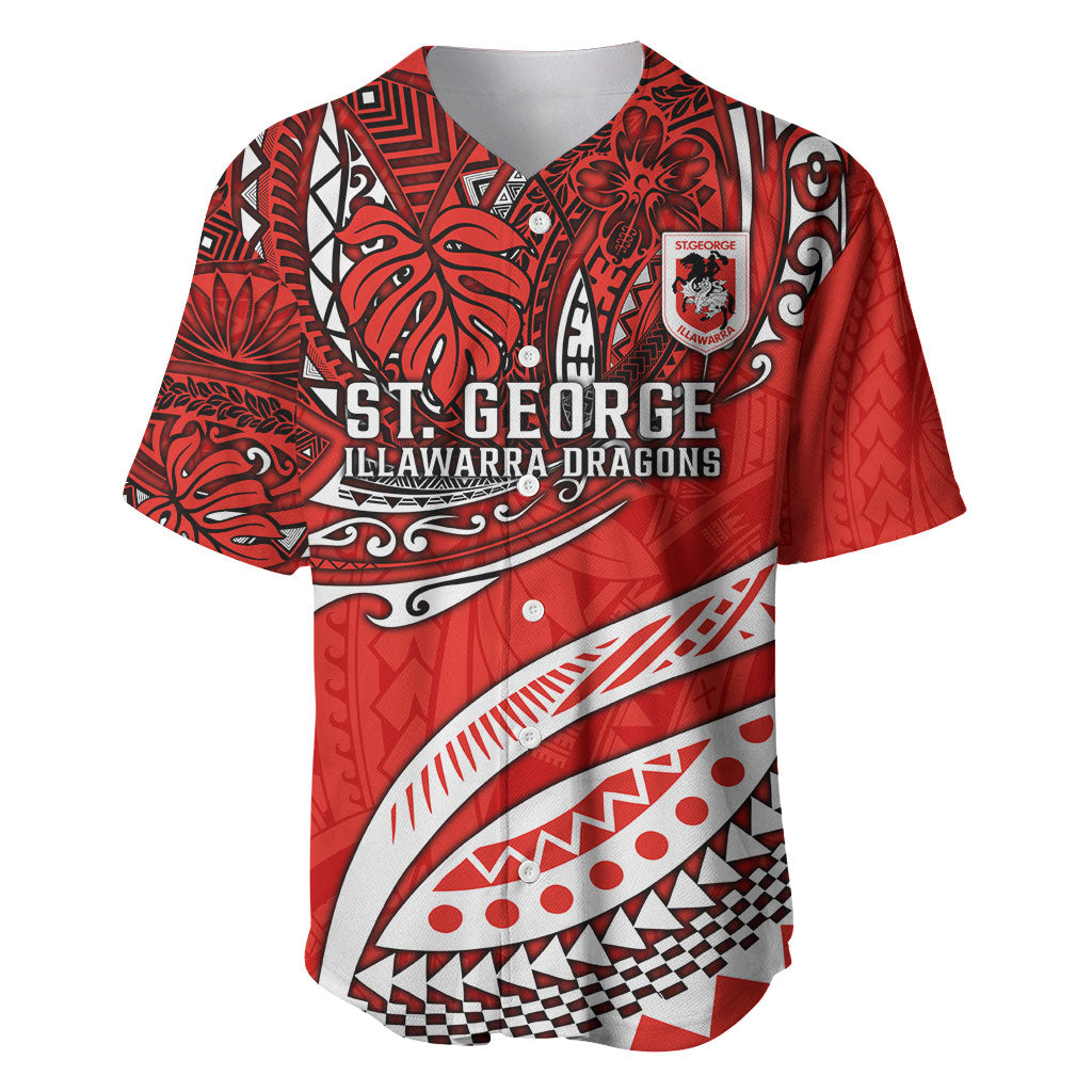 Personalised St George Illawarra Dragons Baseball Jersey Polynesian Tribal Art Style With Fierce Red Dragon Mascot