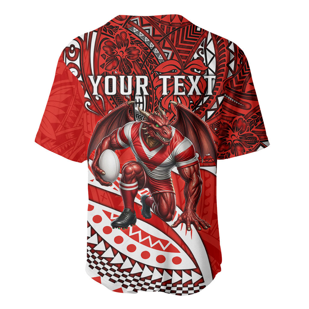 Personalised St George Illawarra Dragons Baseball Jersey Polynesian Tribal Art Style With Fierce Red Dragon Mascot