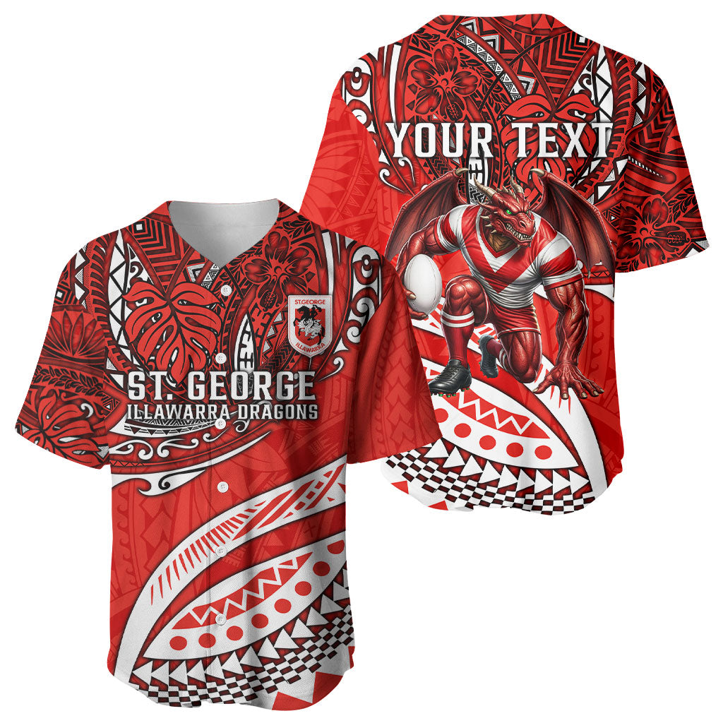 Personalised St George Illawarra Dragons Baseball Jersey Polynesian Tribal Art Style With Fierce Red Dragon Mascot