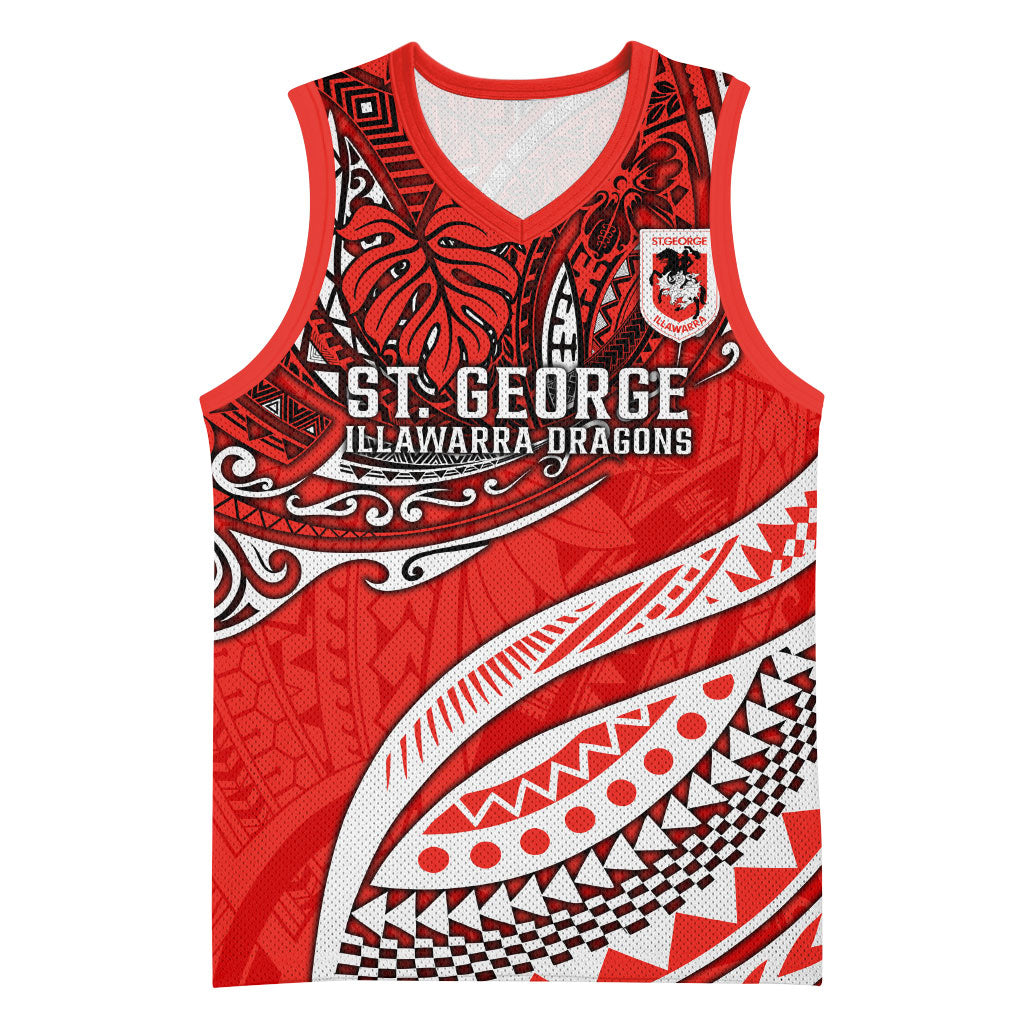 Personalised St George Illawarra Dragons Basketball Jersey Polynesian Tribal Art Style With Fierce Red Dragon Mascot