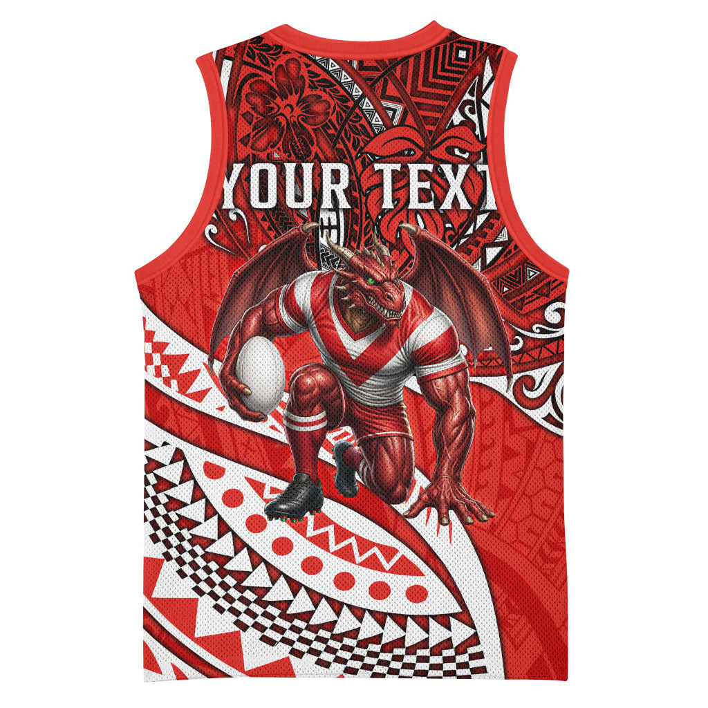 Personalised St George Illawarra Dragons Basketball Jersey Polynesian Tribal Art Style With Fierce Red Dragon Mascot