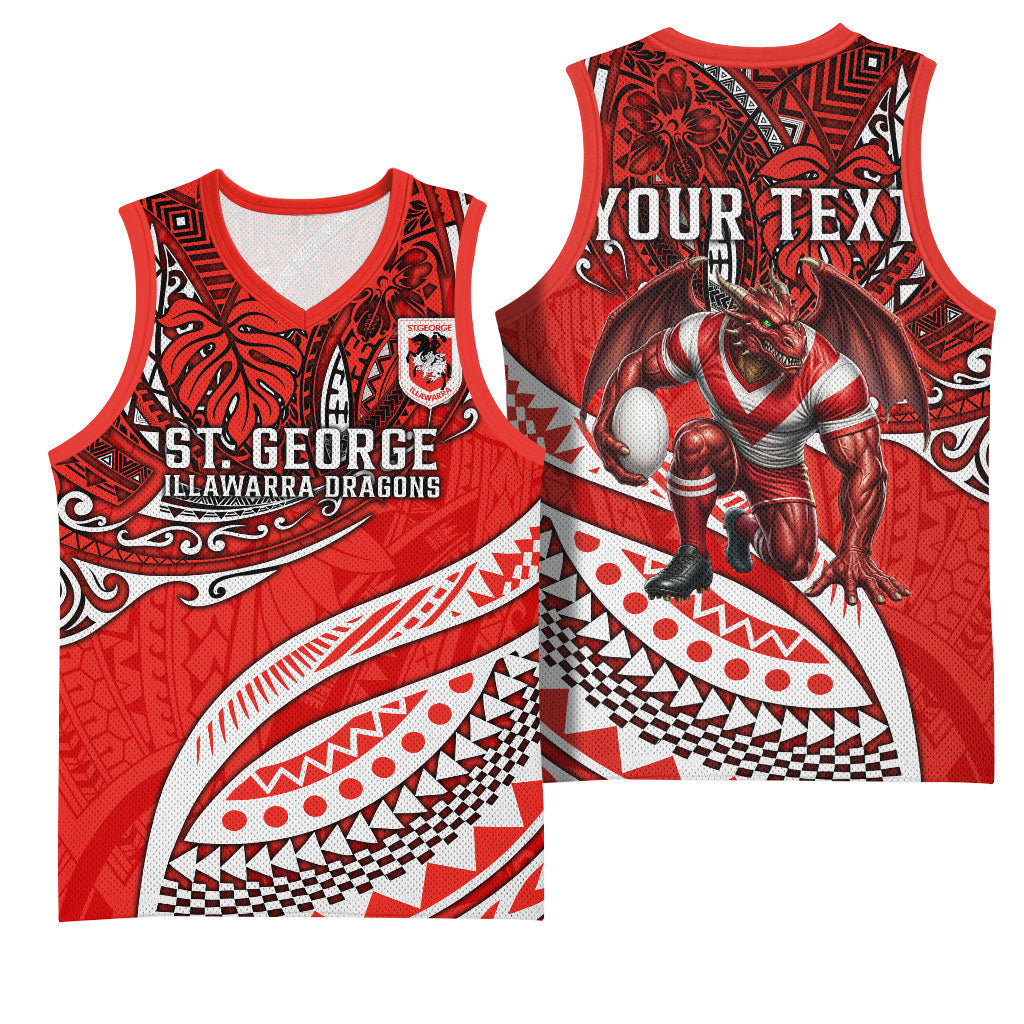 Personalised St George Illawarra Dragons Basketball Jersey Polynesian Tribal Art Style With Fierce Red Dragon Mascot
