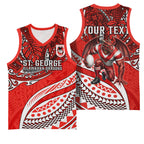 Personalised St George Illawarra Dragons Basketball Jersey Polynesian Tribal Art Style With Fierce Red Dragon Mascot