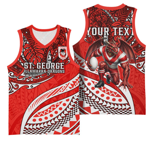 Personalised St George Illawarra Dragons Basketball Jersey Polynesian Tribal Art Style With Fierce Red Dragon Mascot