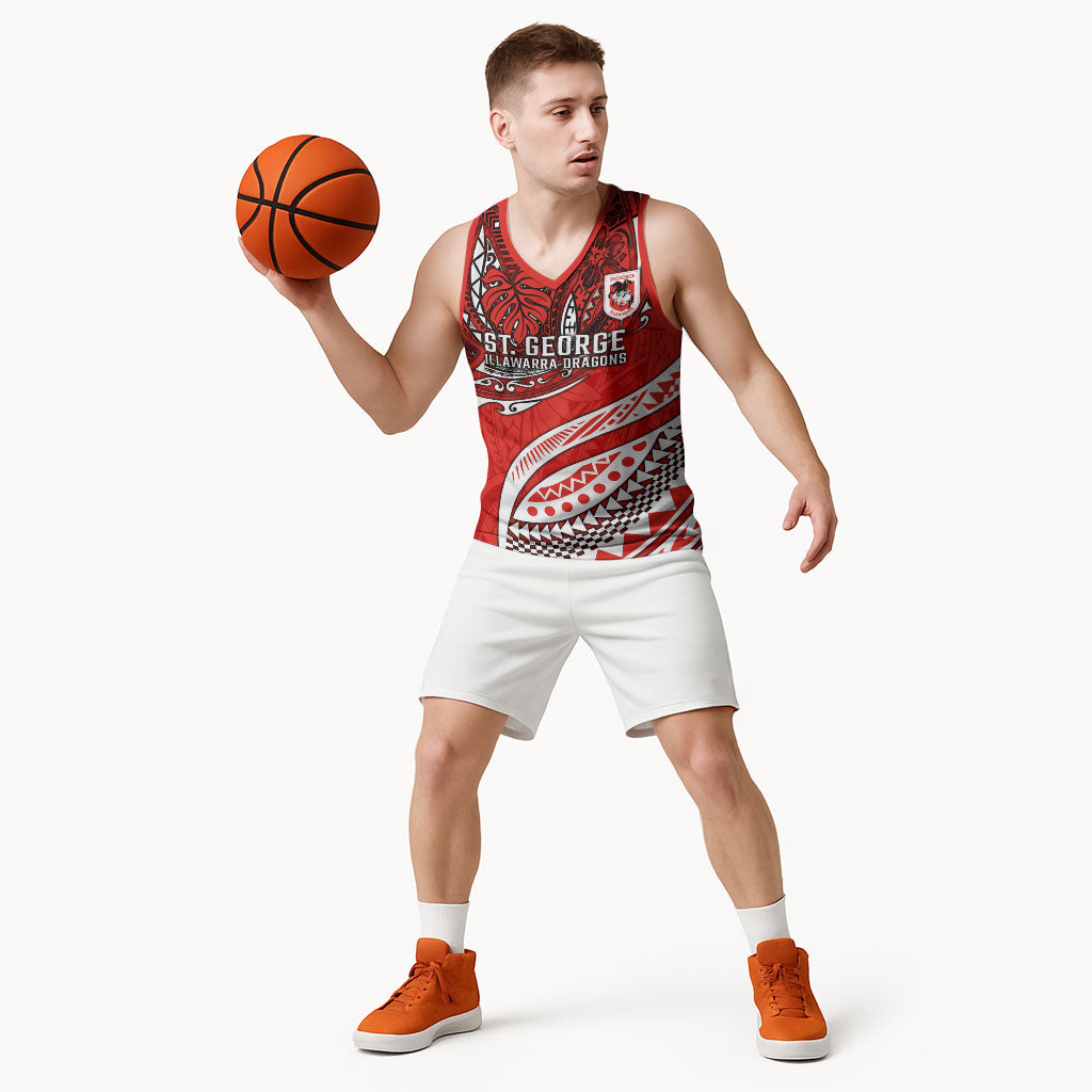 Personalised St George Illawarra Dragons Basketball Jersey Polynesian Tribal Art Style With Fierce Red Dragon Mascot