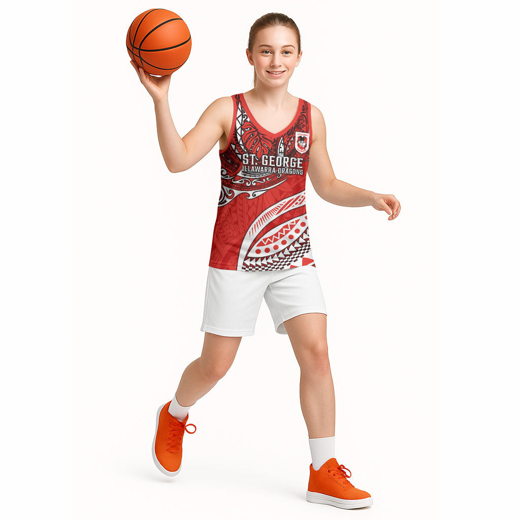 Personalised St George Illawarra Dragons Basketball Jersey Polynesian Tribal Art Style With Fierce Red Dragon Mascot