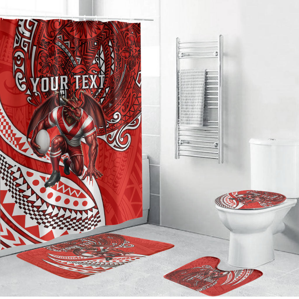 Personalised St George Illawarra Dragons Bathroom Set Polynesian Tribal Art Style With Fierce Red Dragon Mascot