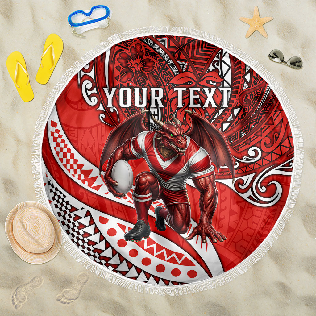 Personalised St George Illawarra Dragons Beach Blanket Polynesian Tribal Art Style With Fierce Red Dragon Mascot
