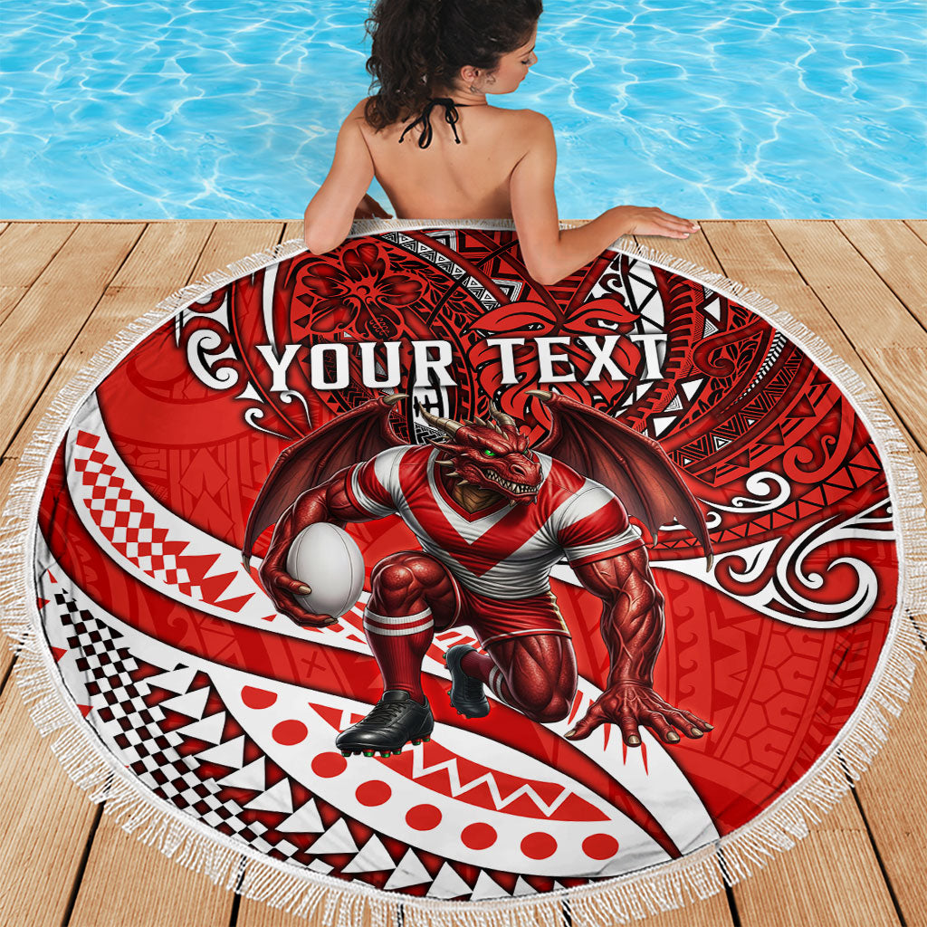 Personalised St George Illawarra Dragons Beach Blanket Polynesian Tribal Art Style With Fierce Red Dragon Mascot