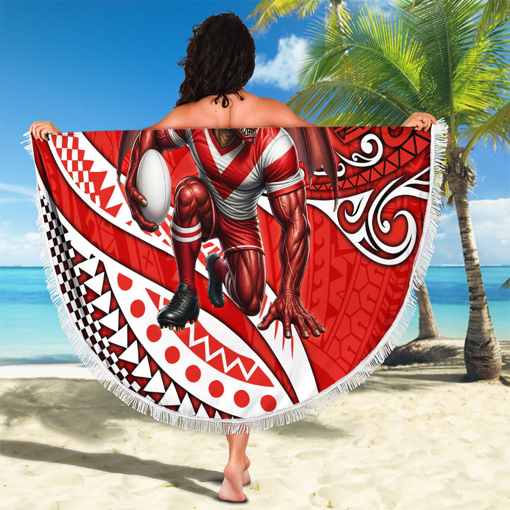 Personalised St George Illawarra Dragons Beach Blanket Polynesian Tribal Art Style With Fierce Red Dragon Mascot