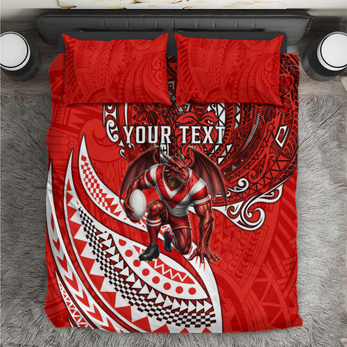 Personalised St George Illawarra Dragons Bedding Set Polynesian Tribal Art Style With Fierce Red Dragon Mascot