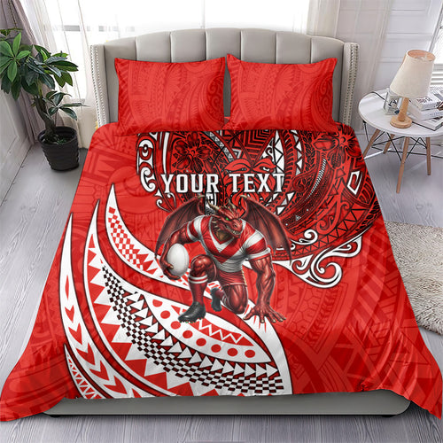 Personalised St George Illawarra Dragons Bedding Set Polynesian Tribal Art Style With Fierce Red Dragon Mascot