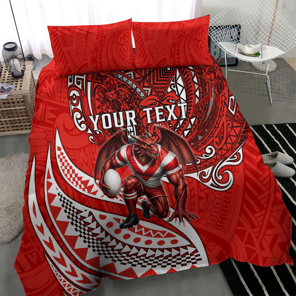 Personalised St George Illawarra Dragons Bedding Set Polynesian Tribal Art Style With Fierce Red Dragon Mascot