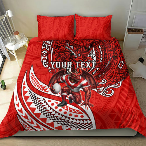 Personalised St George Illawarra Dragons Bedding Set Polynesian Tribal Art Style With Fierce Red Dragon Mascot