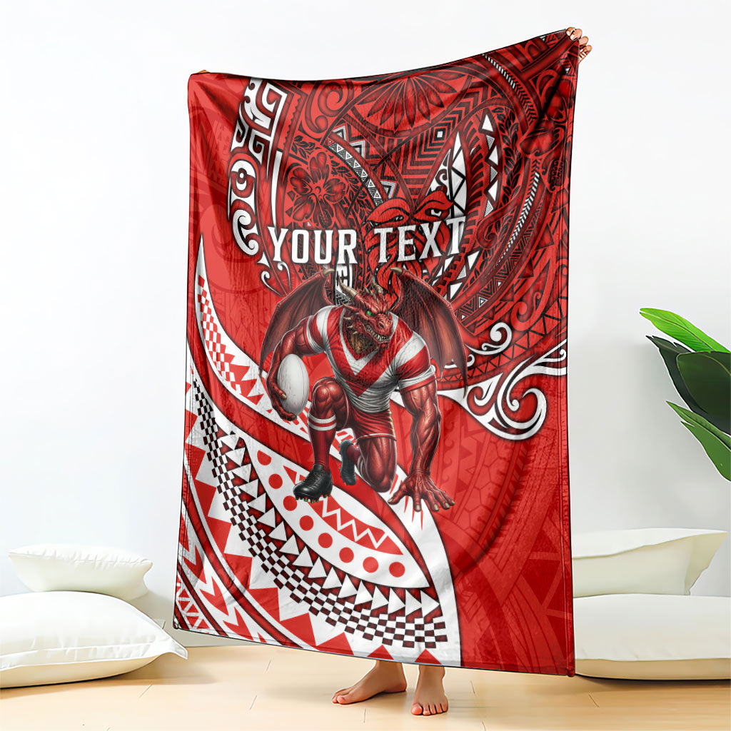 Personalised St George Illawarra Dragons Blanket Polynesian Tribal Art Style With Fierce Red Dragon Mascot