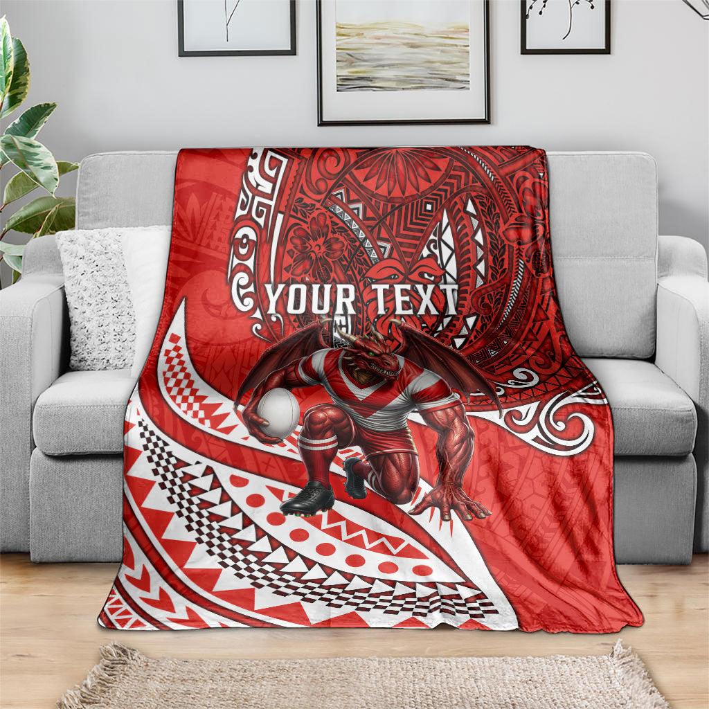 Personalised St George Illawarra Dragons Blanket Polynesian Tribal Art Style With Fierce Red Dragon Mascot