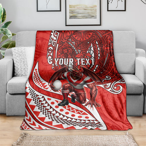 Personalised St George Illawarra Dragons Blanket Polynesian Tribal Art Style With Fierce Red Dragon Mascot