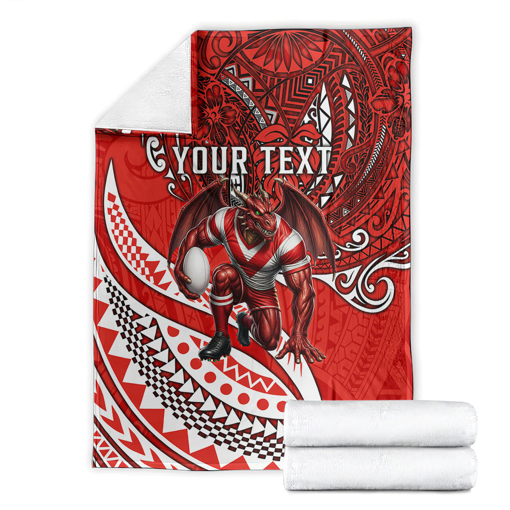 Personalised St George Illawarra Dragons Blanket Polynesian Tribal Art Style With Fierce Red Dragon Mascot