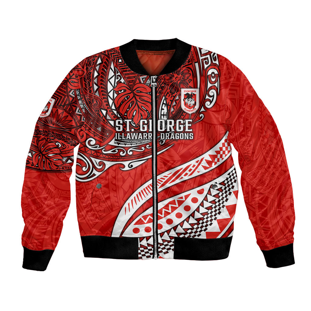 Personalised St George Illawarra Dragons Bomber Jacket Polynesian Tribal Art Style With Fierce Red Dragon Mascot