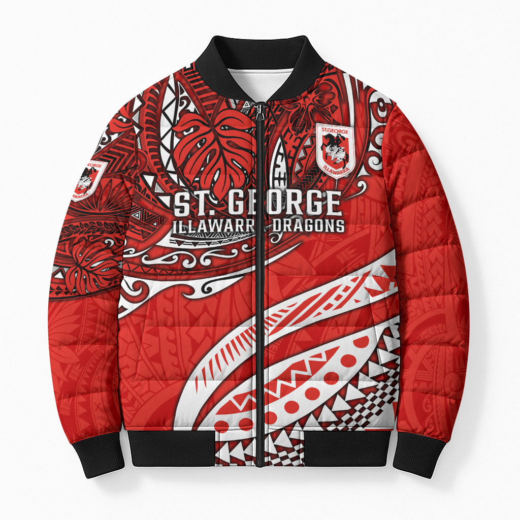 Personalised St George Illawarra Dragons Bomber Puffer Jacket Polynesian Tribal Art Style With Fierce Red Dragon Mascot
