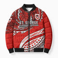 Personalised St George Illawarra Dragons Bomber Puffer Jacket Polynesian Tribal Art Style With Fierce Red Dragon Mascot