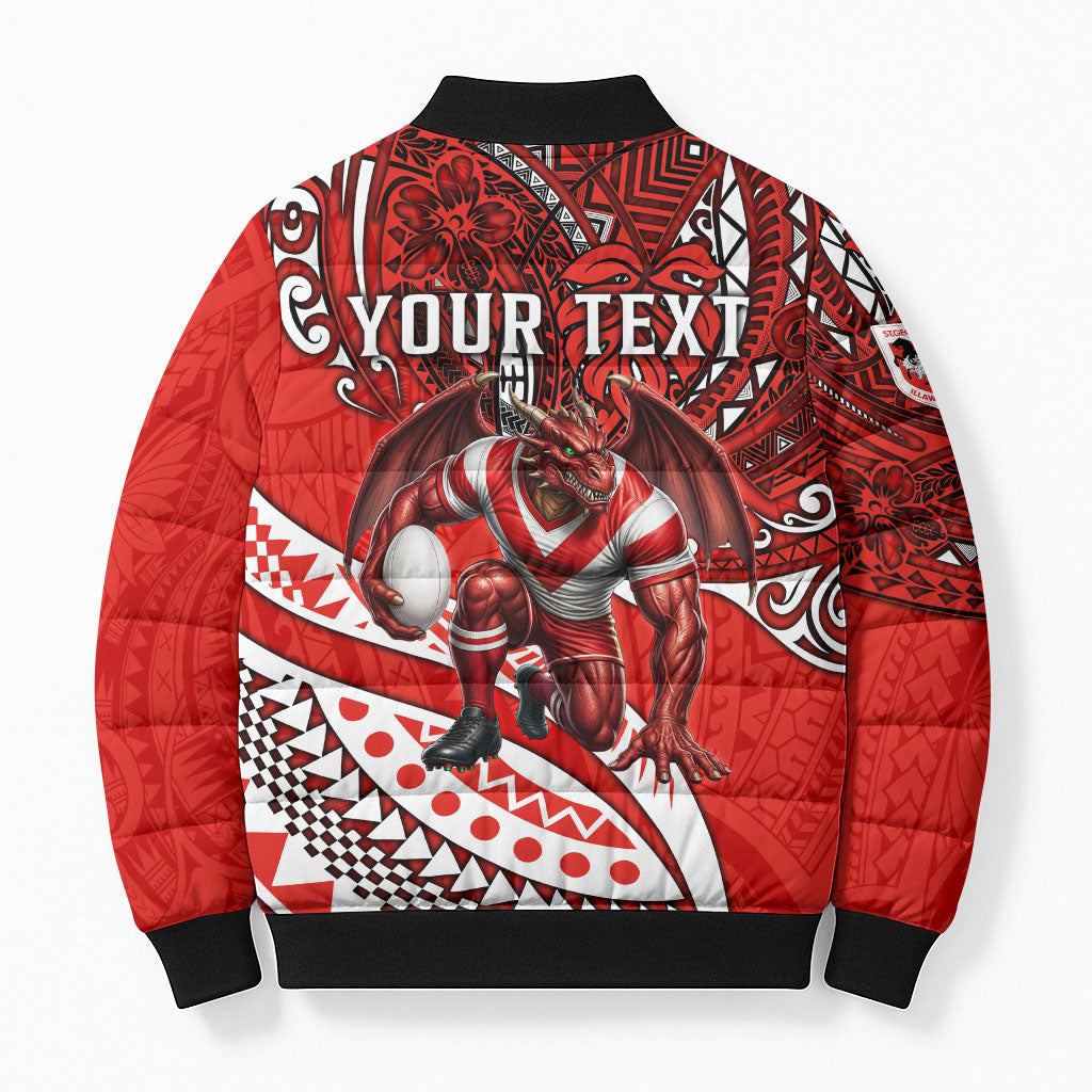 Personalised St George Illawarra Dragons Bomber Puffer Jacket Polynesian Tribal Art Style With Fierce Red Dragon Mascot