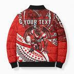 Personalised St George Illawarra Dragons Bomber Puffer Jacket Polynesian Tribal Art Style With Fierce Red Dragon Mascot