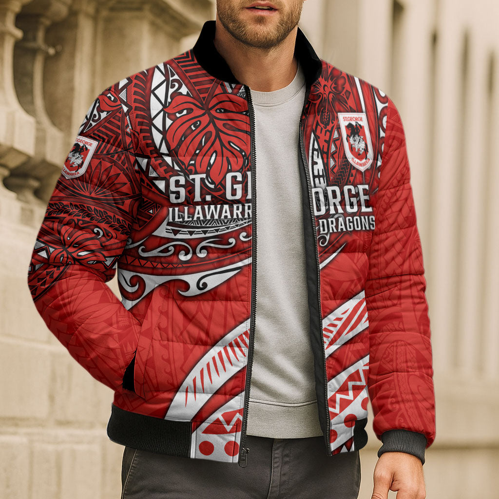 Personalised St George Illawarra Dragons Bomber Puffer Jacket Polynesian Tribal Art Style With Fierce Red Dragon Mascot