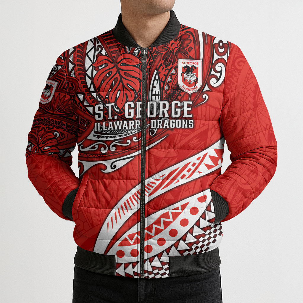 Personalised St George Illawarra Dragons Bomber Puffer Jacket Polynesian Tribal Art Style With Fierce Red Dragon Mascot