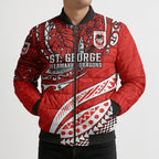 Personalised St George Illawarra Dragons Bomber Puffer Jacket Polynesian Tribal Art Style With Fierce Red Dragon Mascot