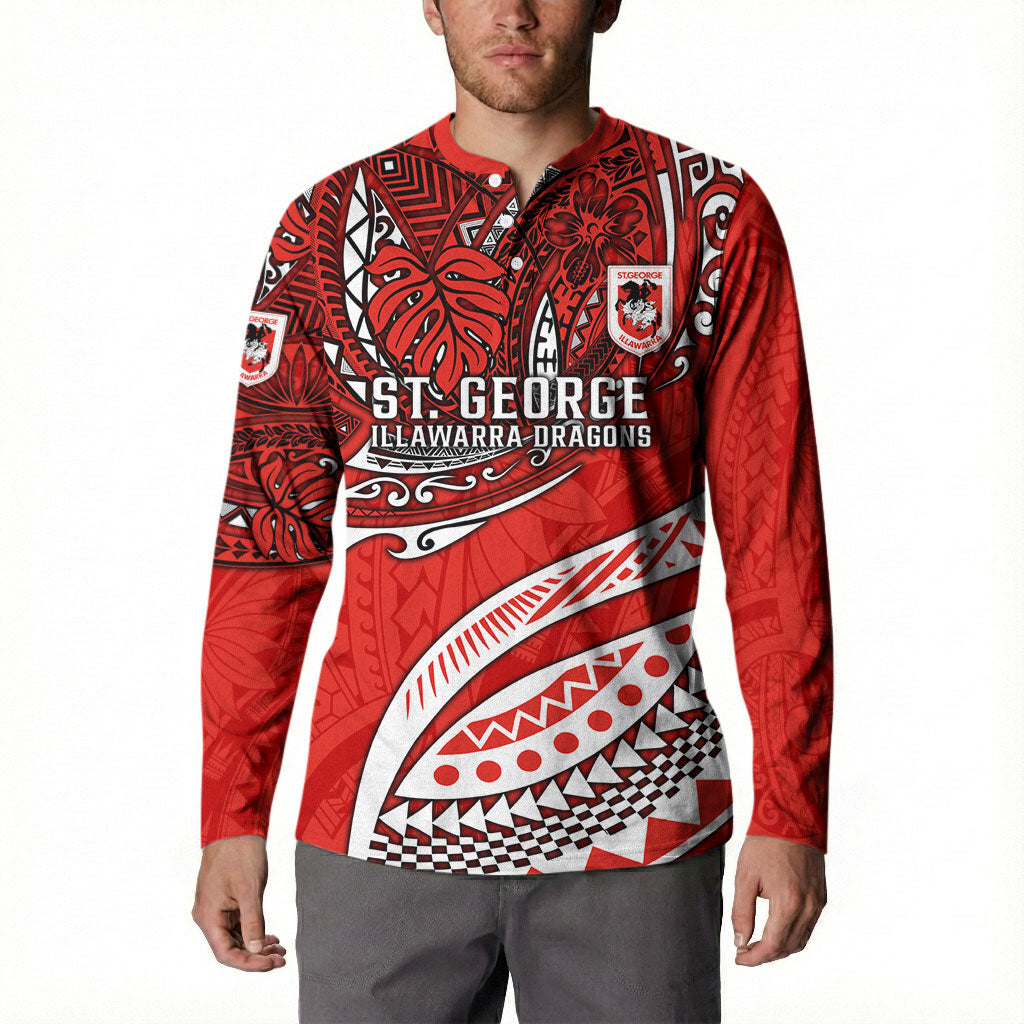 Personalised St George Illawarra Dragons Button Sweatshirt Polynesian Tribal Art Style With Fierce Red Dragon Mascot