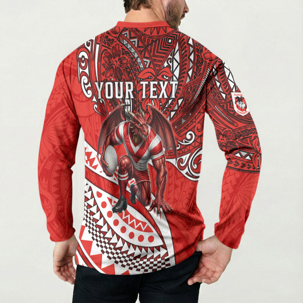 Personalised St George Illawarra Dragons Button Sweatshirt Polynesian Tribal Art Style With Fierce Red Dragon Mascot
