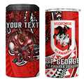 Personalised St George Illawarra Dragons 4 in 1 Can Cooler Tumbler Polynesian Tribal Art Style With Fierce Red Dragon Mascot