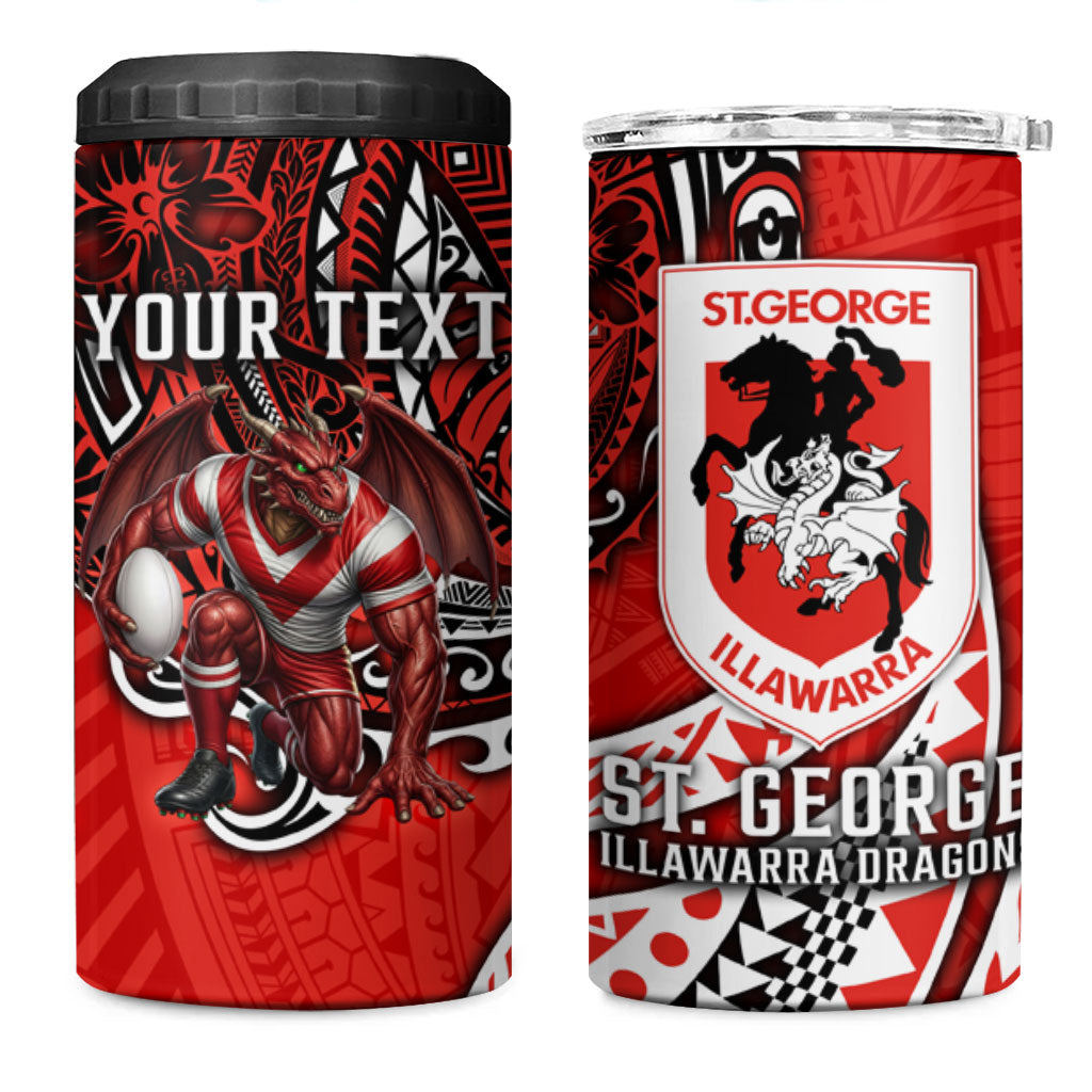 Personalised St George Illawarra Dragons 4 in 1 Can Cooler Tumbler Polynesian Tribal Art Style With Fierce Red Dragon Mascot