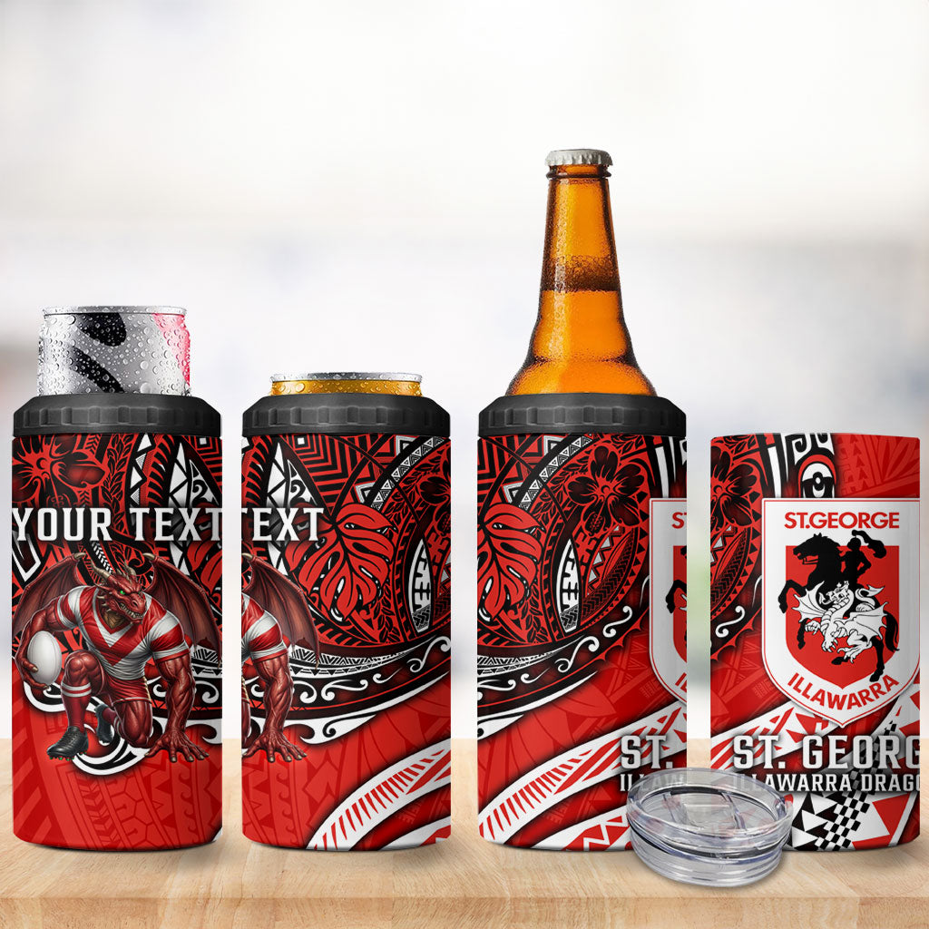 Personalised St George Illawarra Dragons 4 in 1 Can Cooler Tumbler Polynesian Tribal Art Style With Fierce Red Dragon Mascot